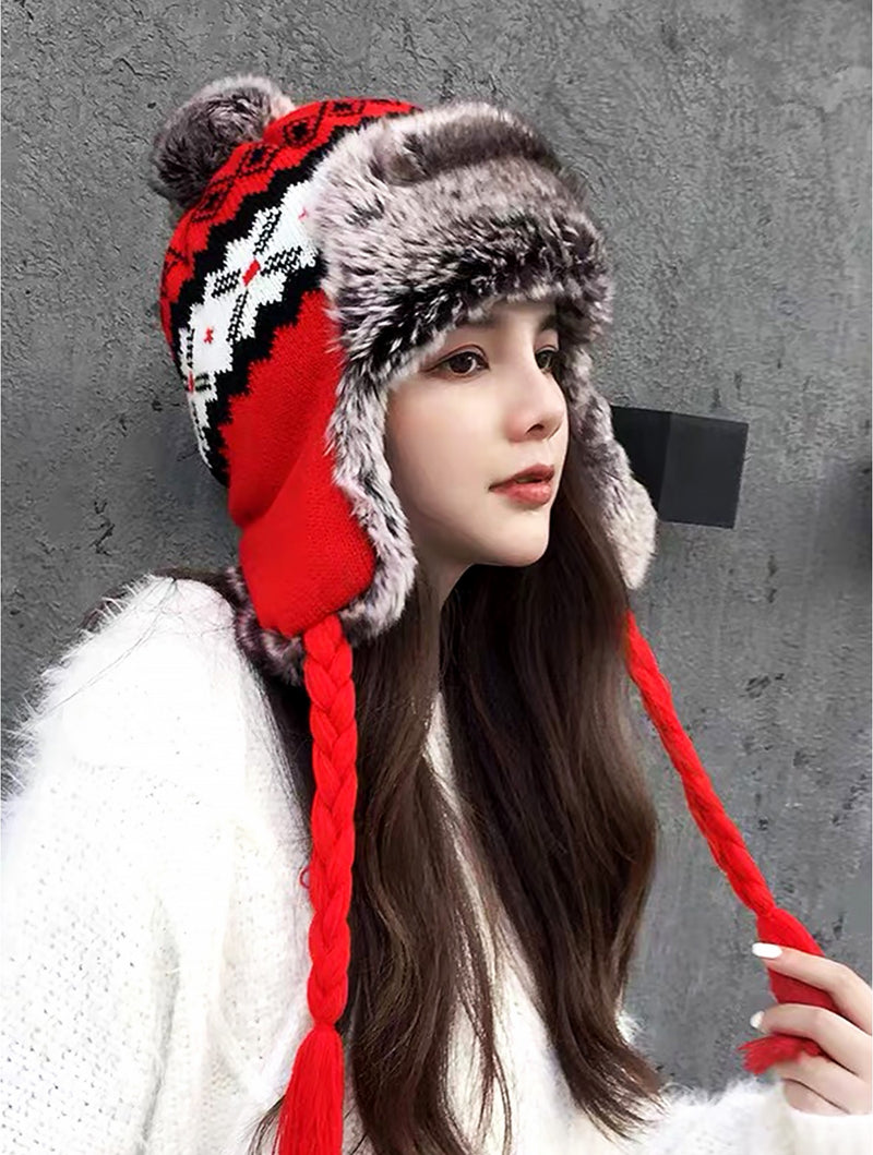 Fur Knitted Hat w/ Ear Flaps & Fur Tassels Red