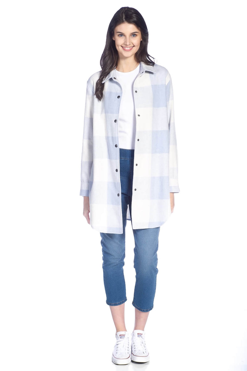 Buffalo Check Long Sleeve Snap Front Shirt Jacket with Side Seam Pockets