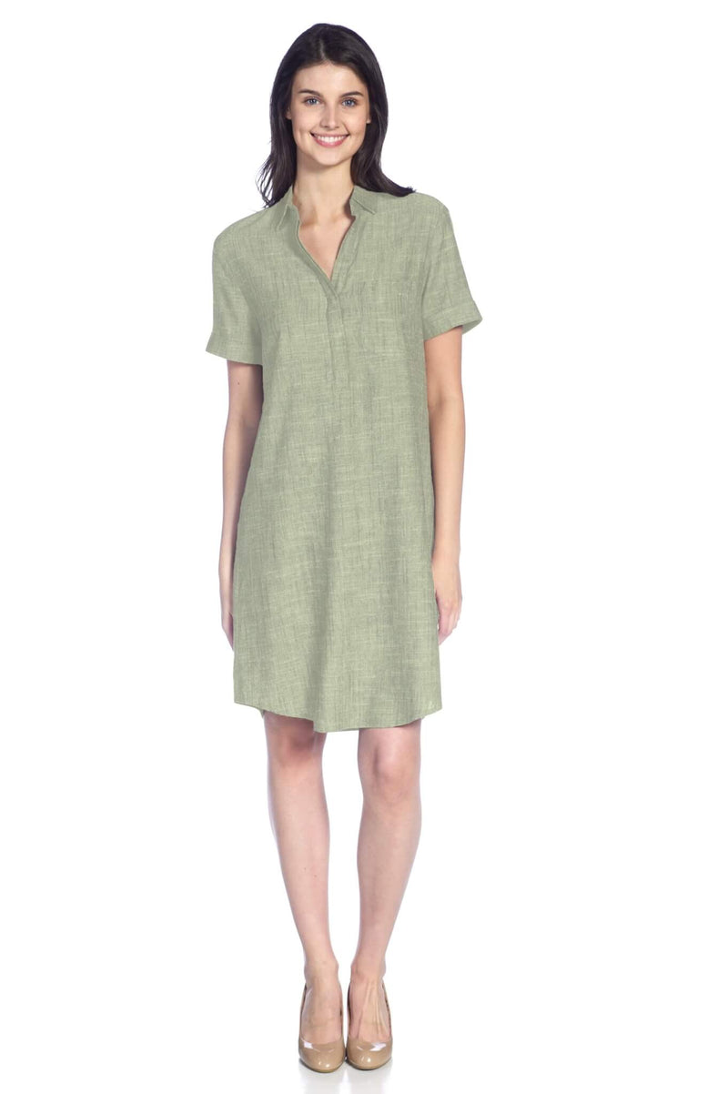 Short Sleeve Johnny Collar Dress with Chest Pocket.