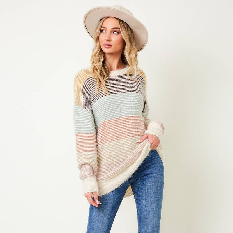 Pastel Color Block Long Sleeve Tunic Sweater Top