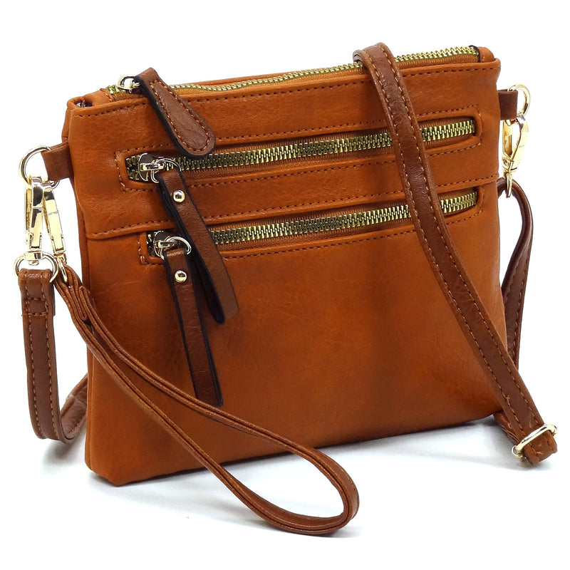 Fashion Multi Zip Pocket Crossbody Bag Clutch - Brown
