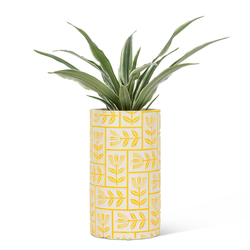 Tall Floral Grid Vase-Yellow-8.5"H