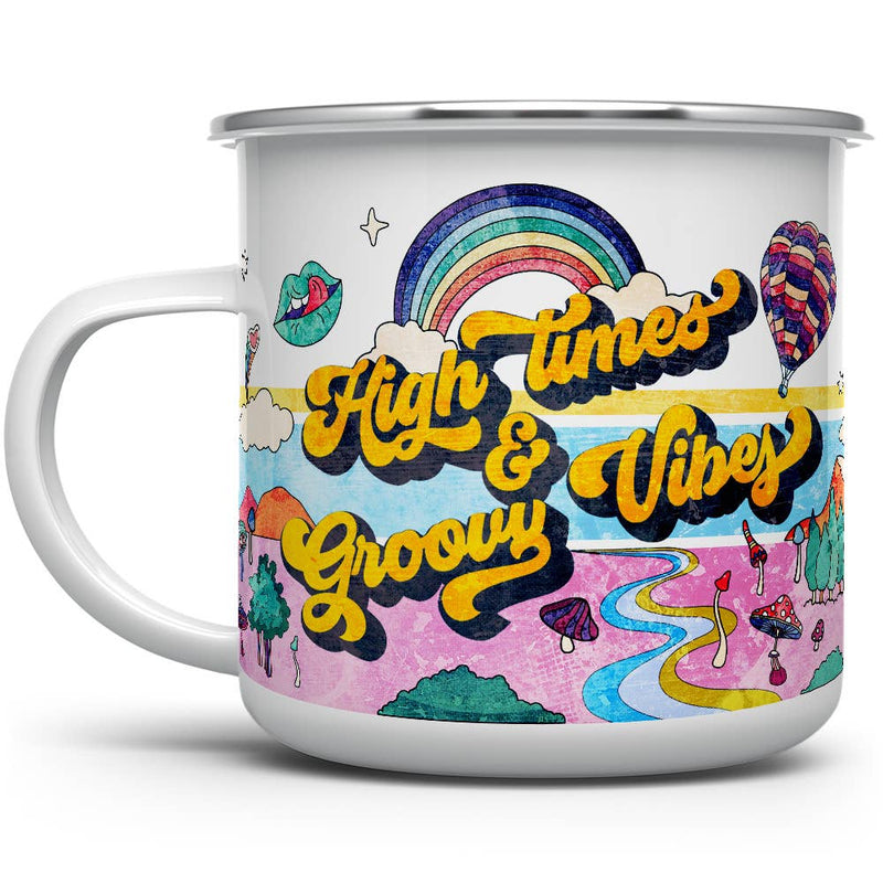 High Times & Groovy Vibes Retro Psychedelic Camping Mug