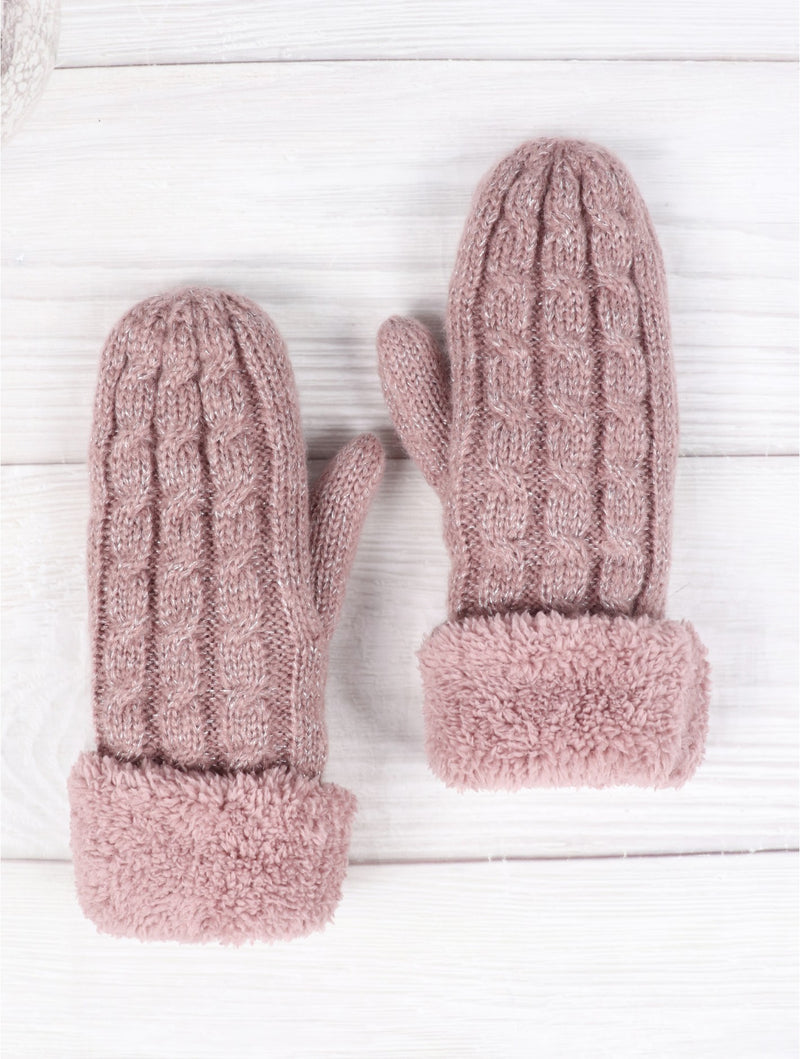 Cable Knitted Mittens with Plush Cuffs-Pink