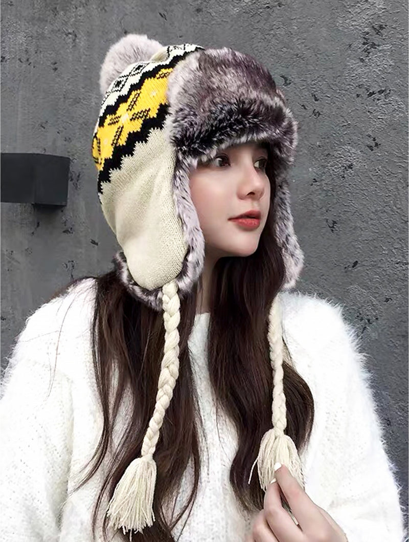Fur Knitted Hat w/ Ear Flaps & Fur Tassels
