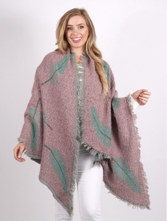 Feather Patterned Scarf w/ Fringe