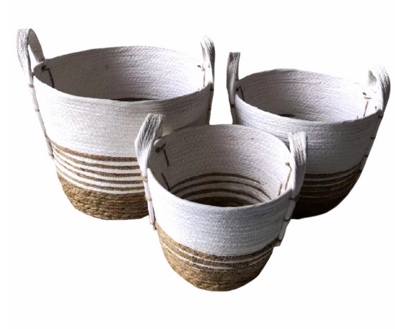 White and Natural Stripe Handled Baskets