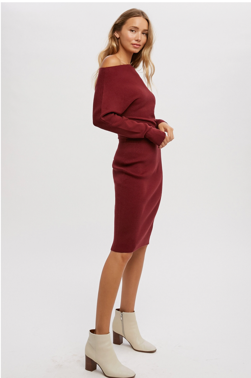 ASYMMETRICAL OPEN SHOULDER SWEATER DRESS 89 Main Modern Merchant