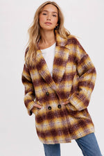 DOUBLE BREASTED BRUSHED PLAID COAT