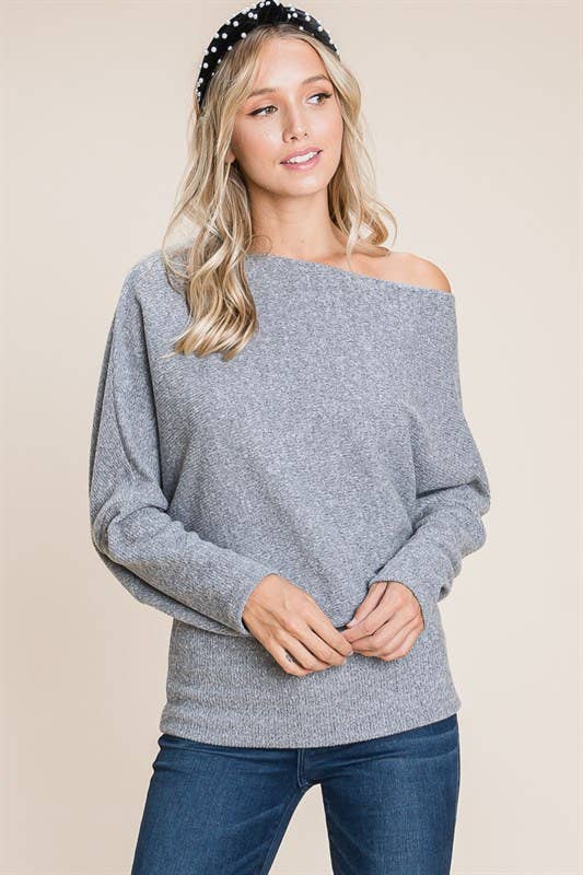 Solid Ribbed Brush Off Shoulder Top GRY