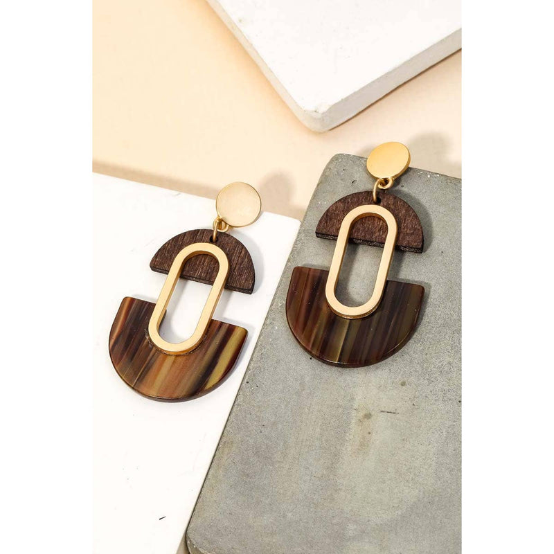 Wooden Rectangle Semi Circle Drop Earrings